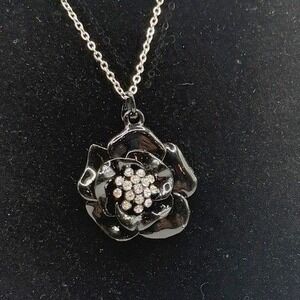 New Black Rose Necklace Rhinestone Center 16" Chain Silver Tone Gift Ready